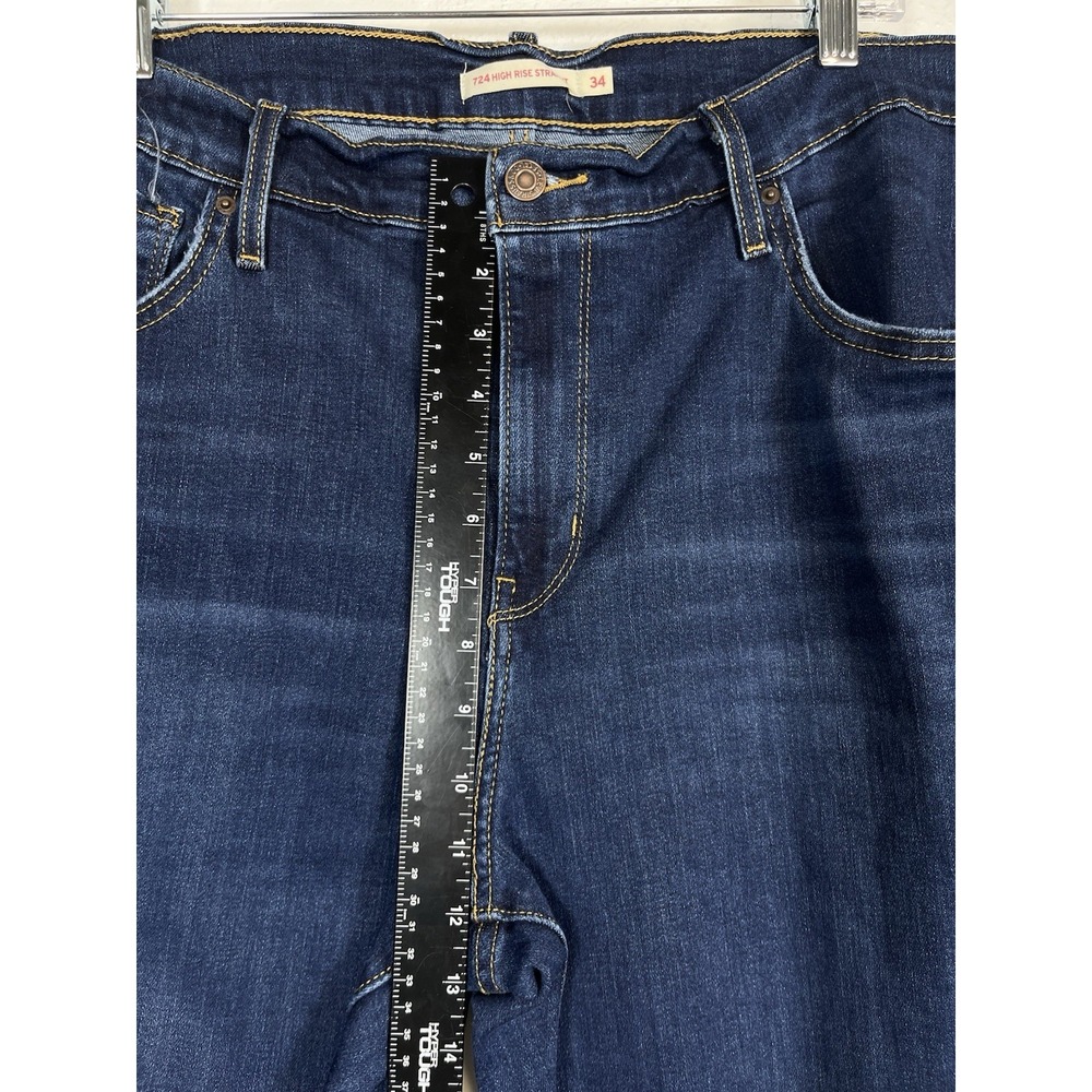 Levi's Sz 34 Women's‎ 724 High Rise Straight Jeans Frayed Raw Hem Dk Blue Wash - Picture 7 of 13